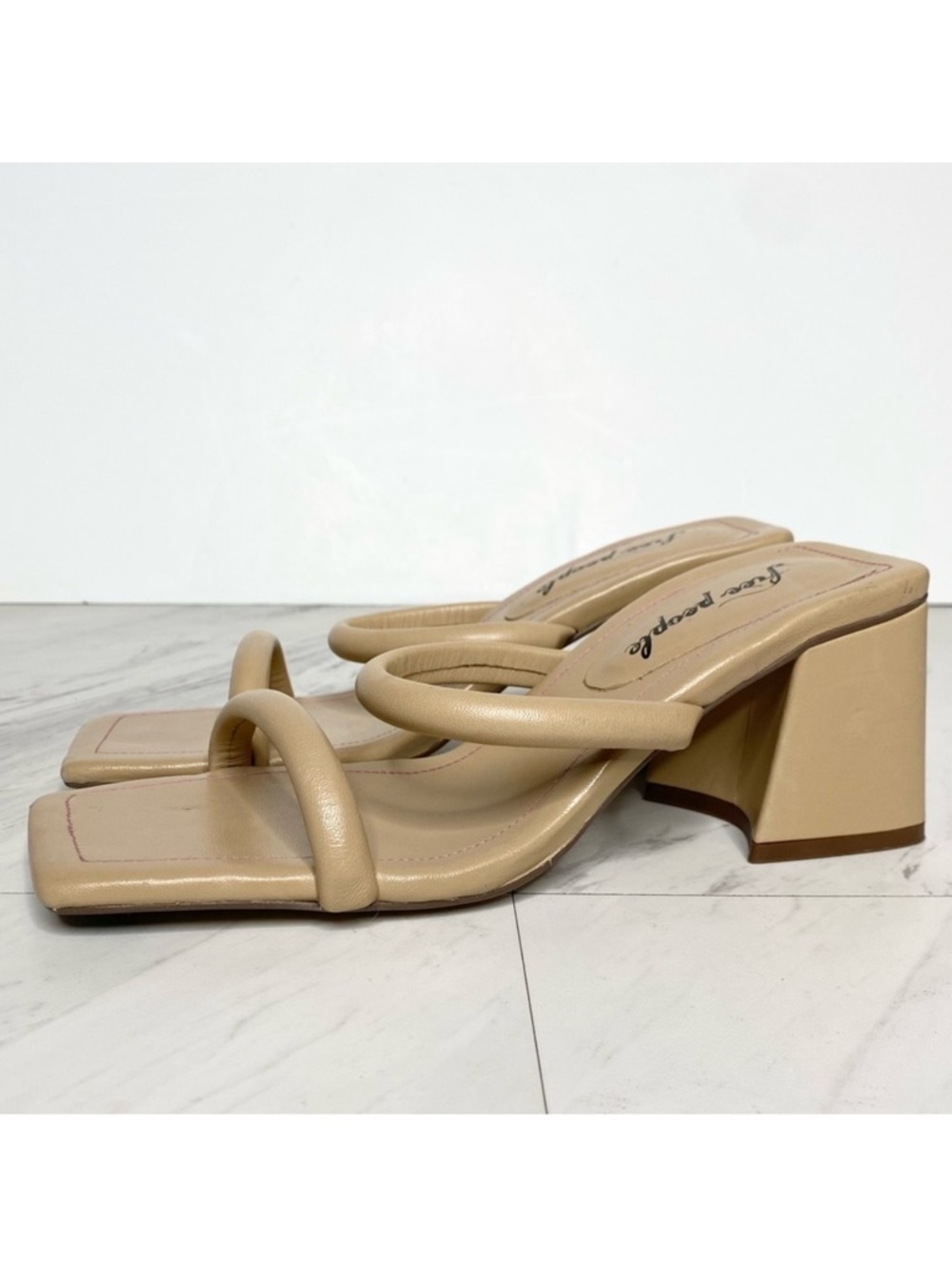 New! Free People Parker Double Strap Square Toe Tan Leather Heeled Sandal 38.5